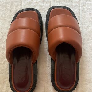 Staud Leather Astro Slides (Size 38) - Tan Black - NEW